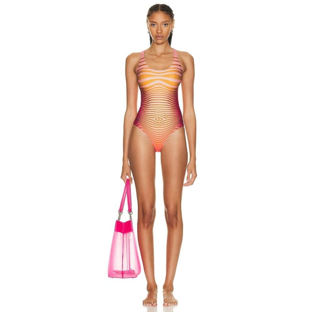 Jean Paul Gaultier Printed Morphing Stripes Swimsuit in Red & Orange Medium New